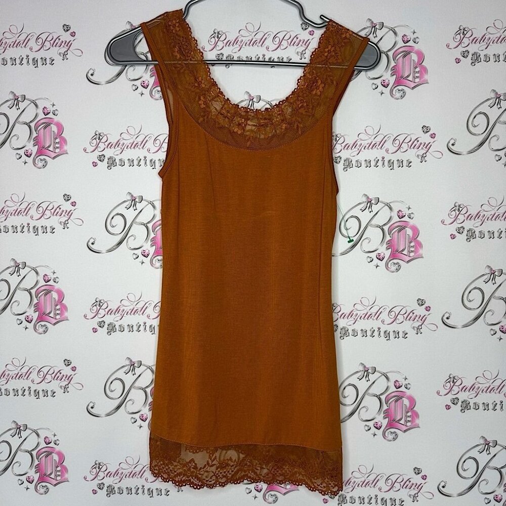 Cream tank top rust orange brown lace bottom and neckline stretchy brand new NWT